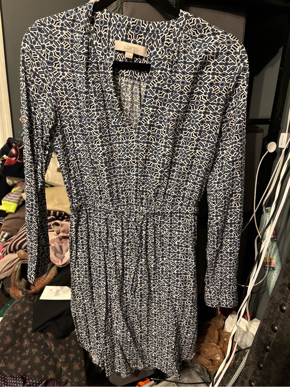 LOFT Navy & White Printed Long Sleeve Dress XS